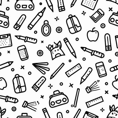 Seamless pattern of school supplies and cute characters.の素材