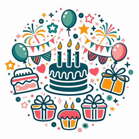 Festive birthday party elements in a circle. (1)の素材