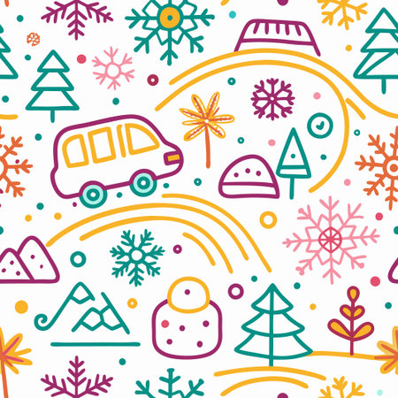 Colorful winter wonderland seamless pattern with vehicle, trees, and snowflakes.の素材