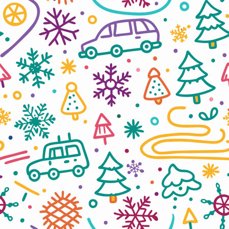 Colorful winter holiday seamless pattern with cars, trees, and snowflakes.の素材