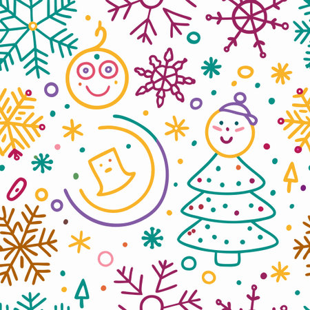 Seamless pattern with hand-drawn snowflakes, snowman, Christmas tree, and ornaments.の素材