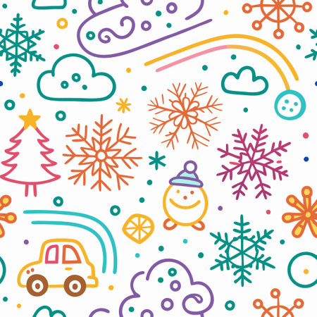 Colorful winter seamless pattern with snowflakes, snowman, car, and Christmas tree.の素材