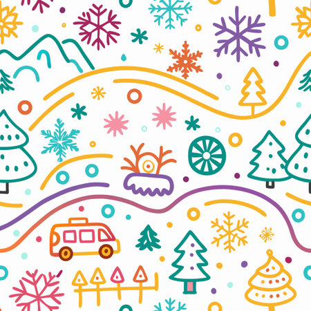 Colorful winter wonderland seamless pattern with camper van, trees, snowflakes, and mountains.の素材