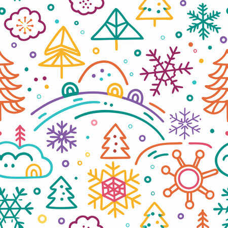 Colorful winter seamless pattern with trees, snowflakes, and hills.の素材