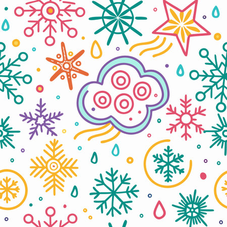 Colorful winter seamless pattern with snowflakes, stars, and clouds.の素材