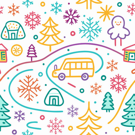 Colorful winter landscape seamless pattern with bus, houses, trees, and snowflakes.の素材