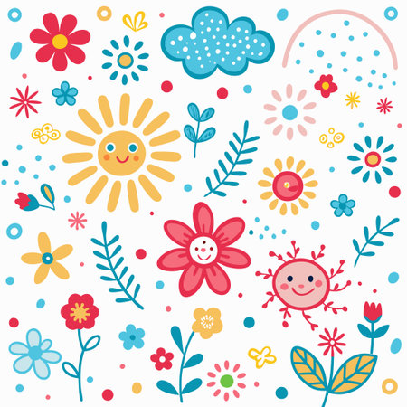 Cheerful spring floral and sun pattern.の素材