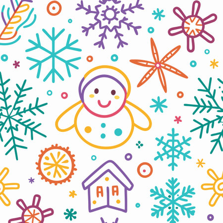 Cheerful winter seamless pattern with snowman, snowflakes, and houses.の素材