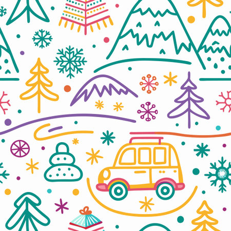 Winter wonderland seamless pattern with car, mountains, trees, and snowflakes.の素材