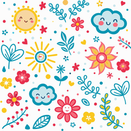 Cute kawaii sun, cloud, flower pattern.の素材