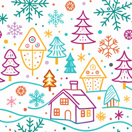 Colorful winter scene with houses, trees, and snowflakes.の素材