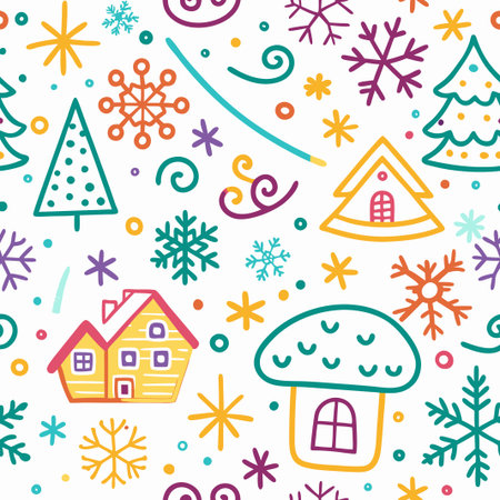Colorful winter seamless pattern with houses, trees, snowflakes, and mushrooms.の素材