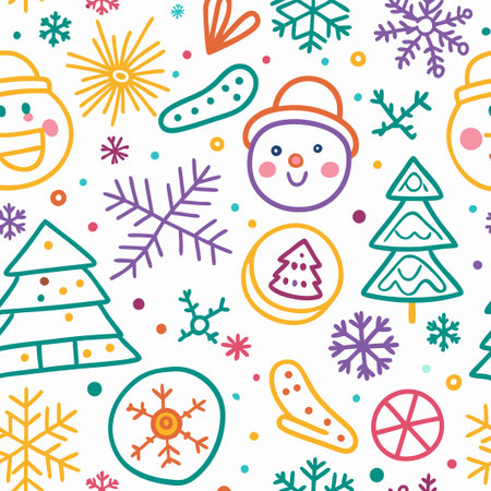Cheerful Christmas seamless pattern with snowman, snowflakes, and trees.の素材