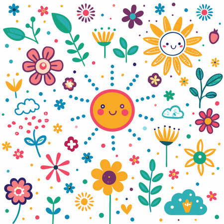 Happy sun and flowers illustration.の素材