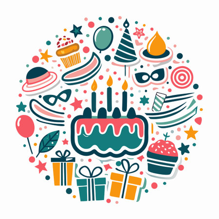 Festive birthday party elements arranged in a circle. (1)の素材