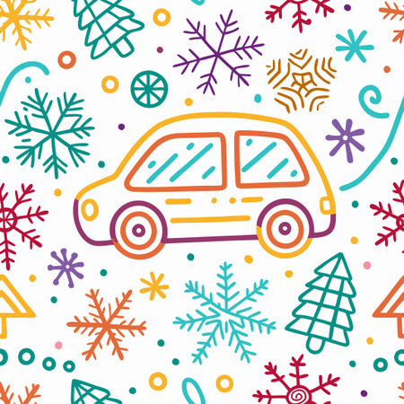 Colorful doodle car in winter seamless pattern.の素材