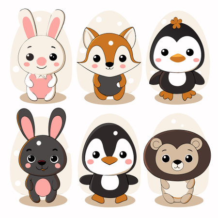 Six adorable cartoon animals rabbit, fox, penguin, and lion.の素材