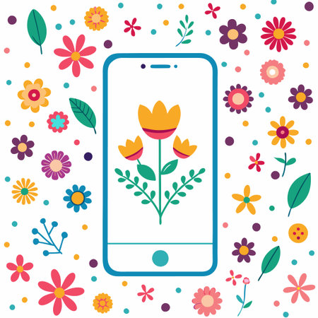 Smartphone displaying floral design surrounded by flowers.の素材