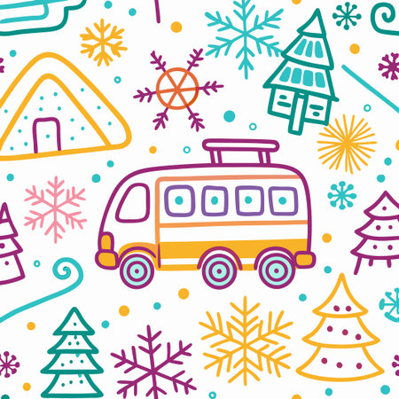 Winter vacation bus travel doodle pattern.の素材