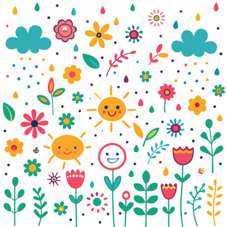 Happy flowers, sun, rain, and leaves.の素材
