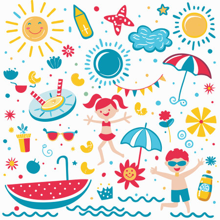 Happy kids enjoying summer beach fun with sun, sand, and sea elements.の素材