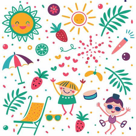 Happy kids enjoying summer fun with sun, fruits, and beach elements.の素材