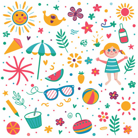 Colorful summer fun doodle illustration. (1)の素材