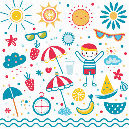 Happy summer kid illustration with sun, beach, and fruits.の素材