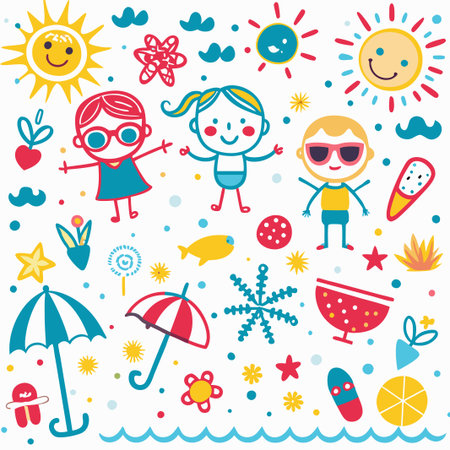 Happy kids, summer sun, and playful elements.の素材