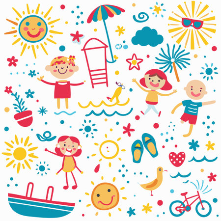 Happy kids summer beach fun illustration.の素材