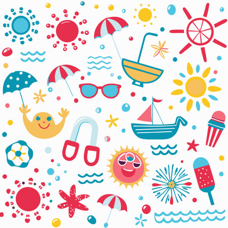 Summer fun pattern with sun, sea, and beach icons.の素材