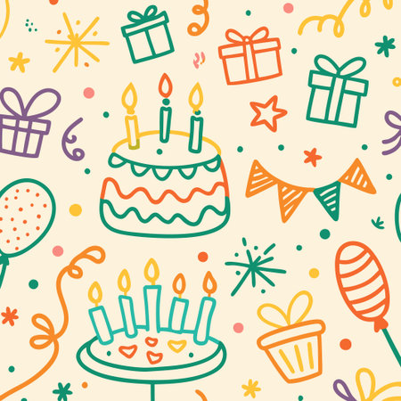 Colorful birthday party seamless pattern with cake, gifts, balloons, and confetti.の素材