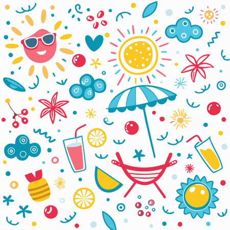 Happy summer illustration with sun, drinks, fruits and beach elements.の素材