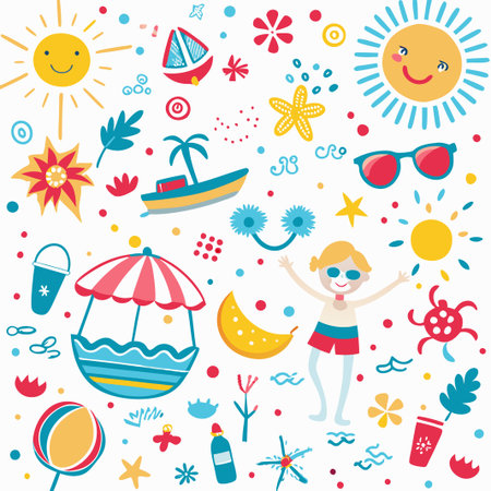 Happy summer fun illustration with kid, sun, beach, and playful elements.の素材