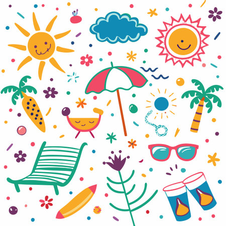 Happy summer doodles, sun, beach, flowers, and fun elements.の素材