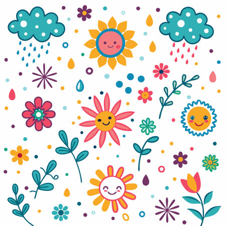 Cute cartoon suns, flowers, rain, and clouds.の素材