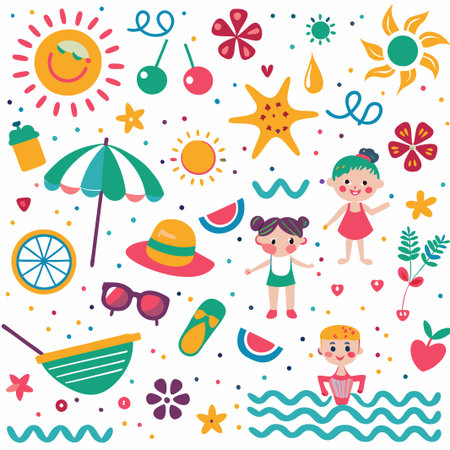 Colorful summer illustration with kids, sun, and beach elements.の素材