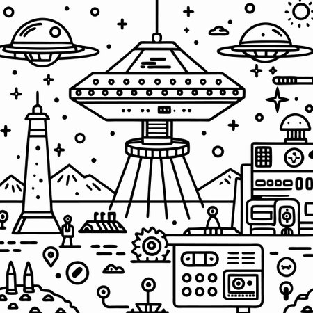 Alien spaceship landing on a desolate planet.の素材