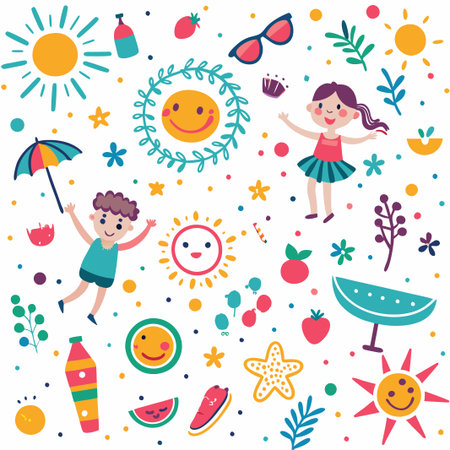 Happy kids enjoying summer fun, sun, fruits, and flowers.の素材