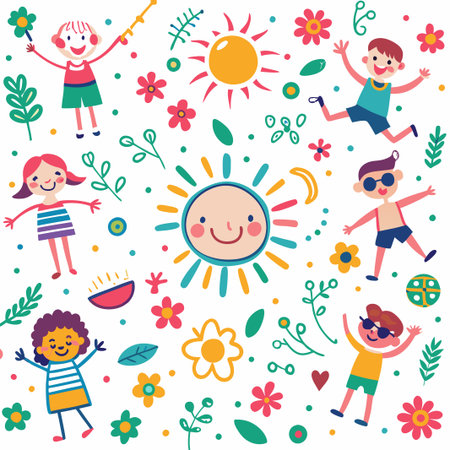 Happy children playing in summer sun.の素材