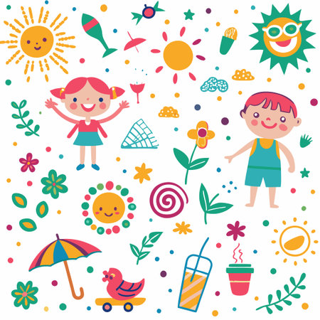 Happy kids, summer sun, flowers, and playful elements.の素材