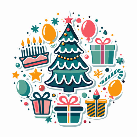 Festive Christmas tree with gifts, cake, and balloons.の素材