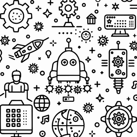 Seamless pattern of technology, space, and innovation icons.の素材