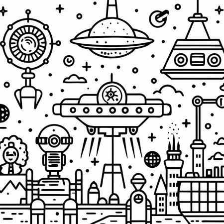 Line art illustration of futuristic city with UFOs and robots.の素材