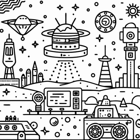 Line art illustration of futuristic alien spacecraft over a desert landscape.の素材