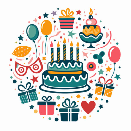 Festive birthday celebration elements in a circle.の素材