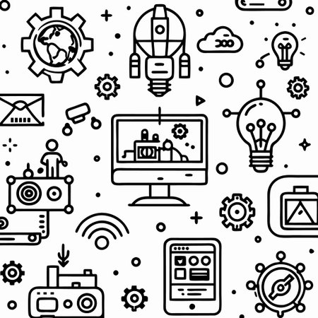 Seamless pattern of technology, innovation, and global communication icons. (1)の素材