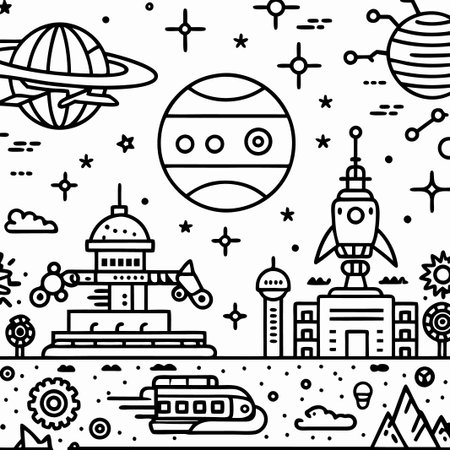 Line art illustration of a futuristic space city with rockets, planets, and stars.の素材