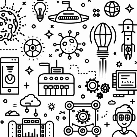 Seamless pattern of science, technology, and innovation icons.の素材