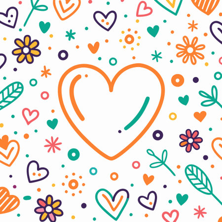 Colorful hand-drawn hearts and flowers pattern.の素材